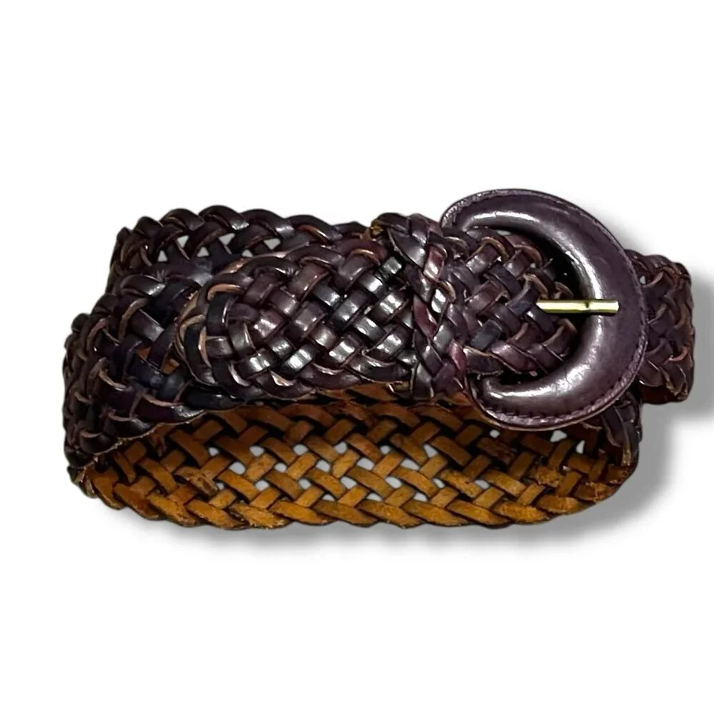 Lands End Braided Belt Woven Purple Leather Womens Medium Vintage Made in Turkey